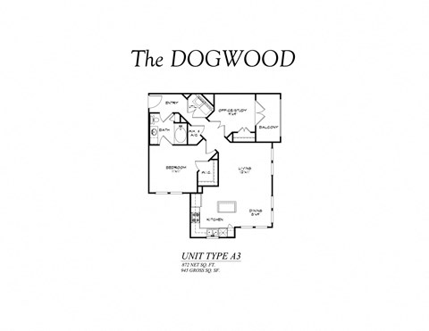 Floor plan for 2 beds, 1 bath, 945 sqft